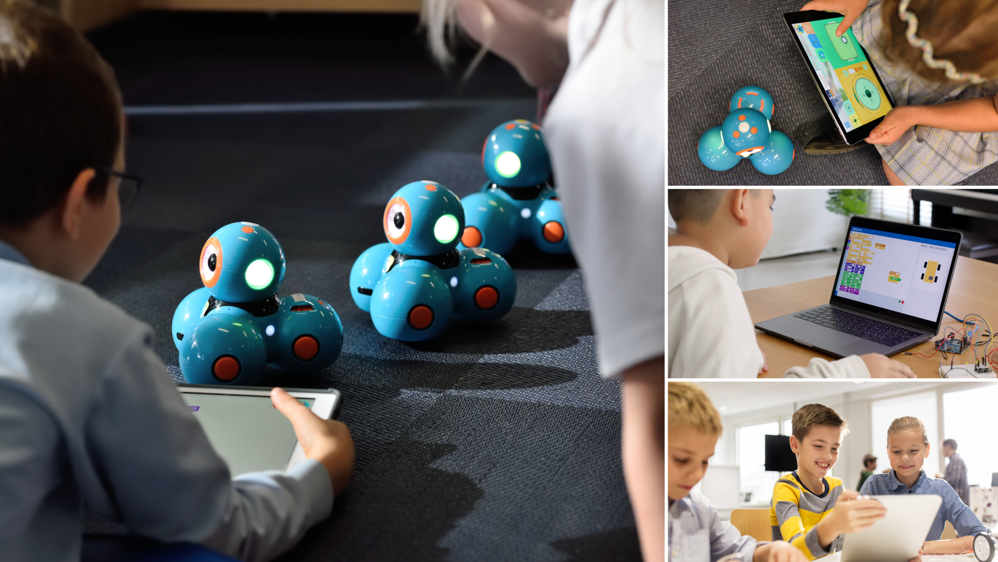 Kinder mit Lernroboter Robo Dash und Laptop